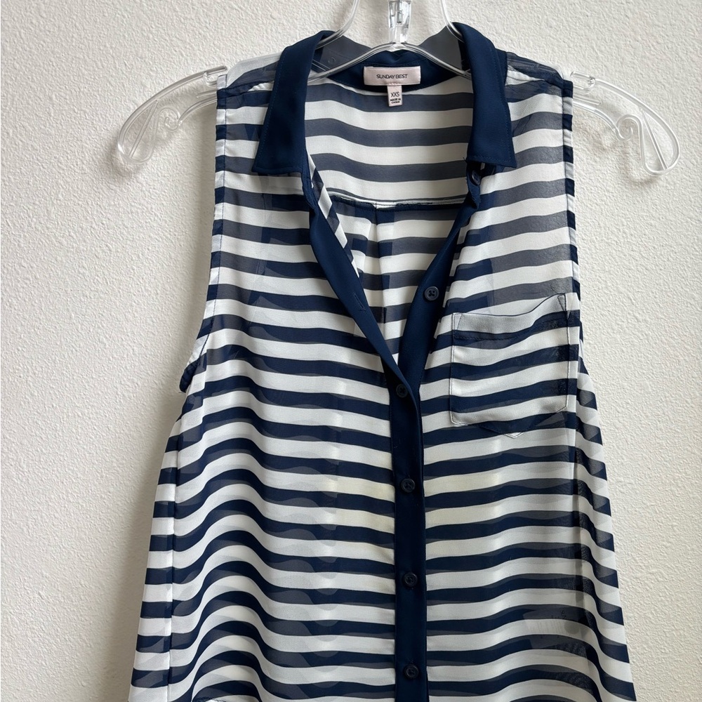 Aritzia Sunday Best Navy and White Striped Sleeveless Button-Down Top